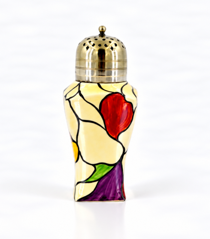 Clarice Cliff Whisper variant sugar sifter with EPNS cover circa 1929