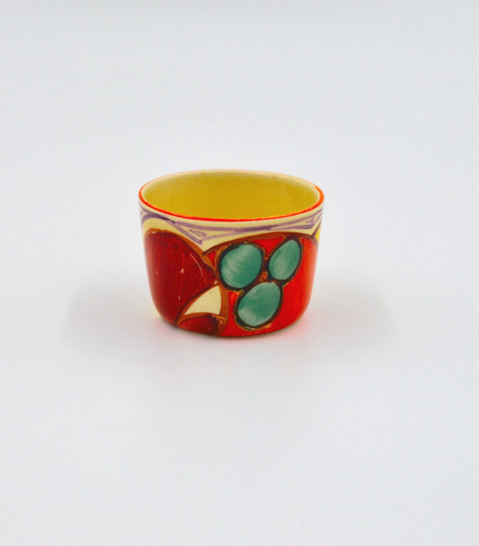 Clarice Cliff Melon pattern mustard pot circa 1930, hand-painted Art Deco pottery
