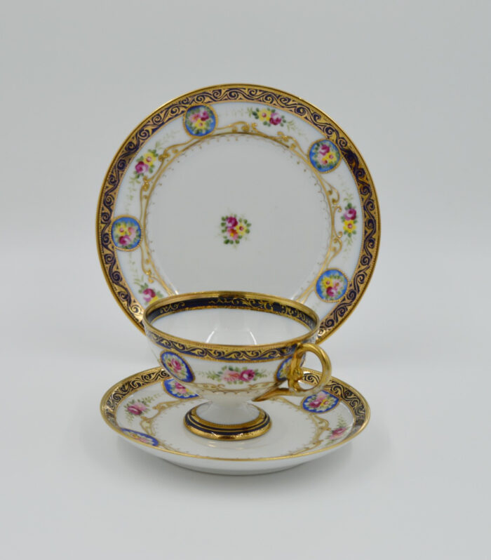 Noritake Trio – Floral Cartouches, Pedestal Shape, Blue Mark, Circa 1908