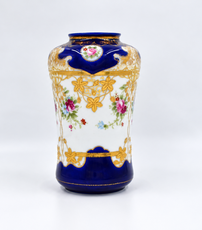 Noritake Porcelain Vase – Cobalt Blue, Floral & Gilt Decoration – c.1908 – 25cm