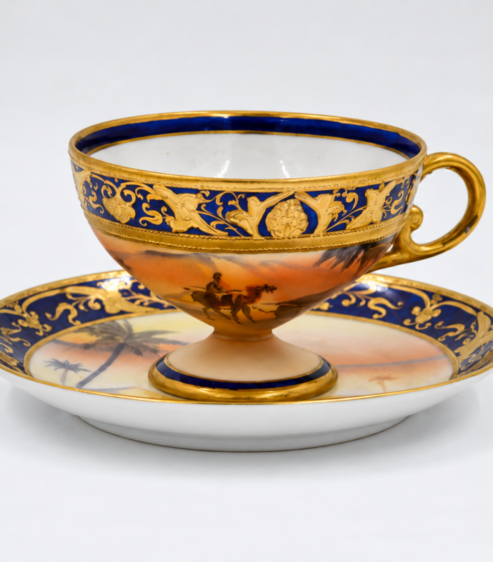 Noritake Desert Scene Presentation Set – Pedestal Design, 6 Cups & Saucers, Circa 1908